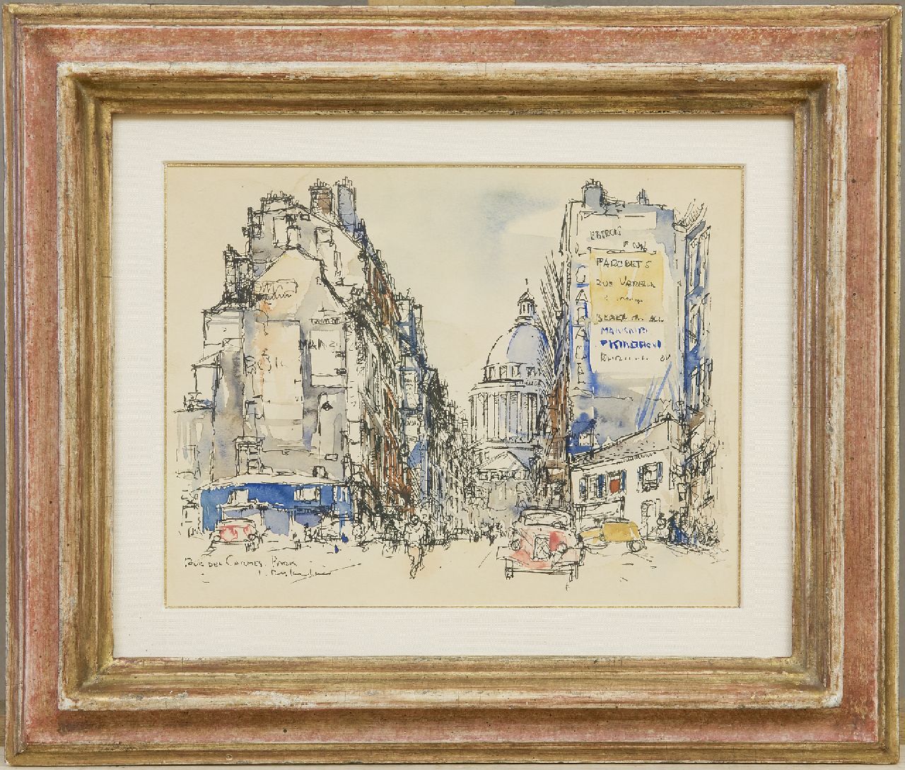 Rijlaarsdam J.  | Jan Rijlaarsdam, De Rue des Carmes, Parijs, met een Citroën Traction Avant, pen, inkt en aquarel op papier 18,9 x 24,2 cm, gesigneerd linksonder en te dateren jaren '50