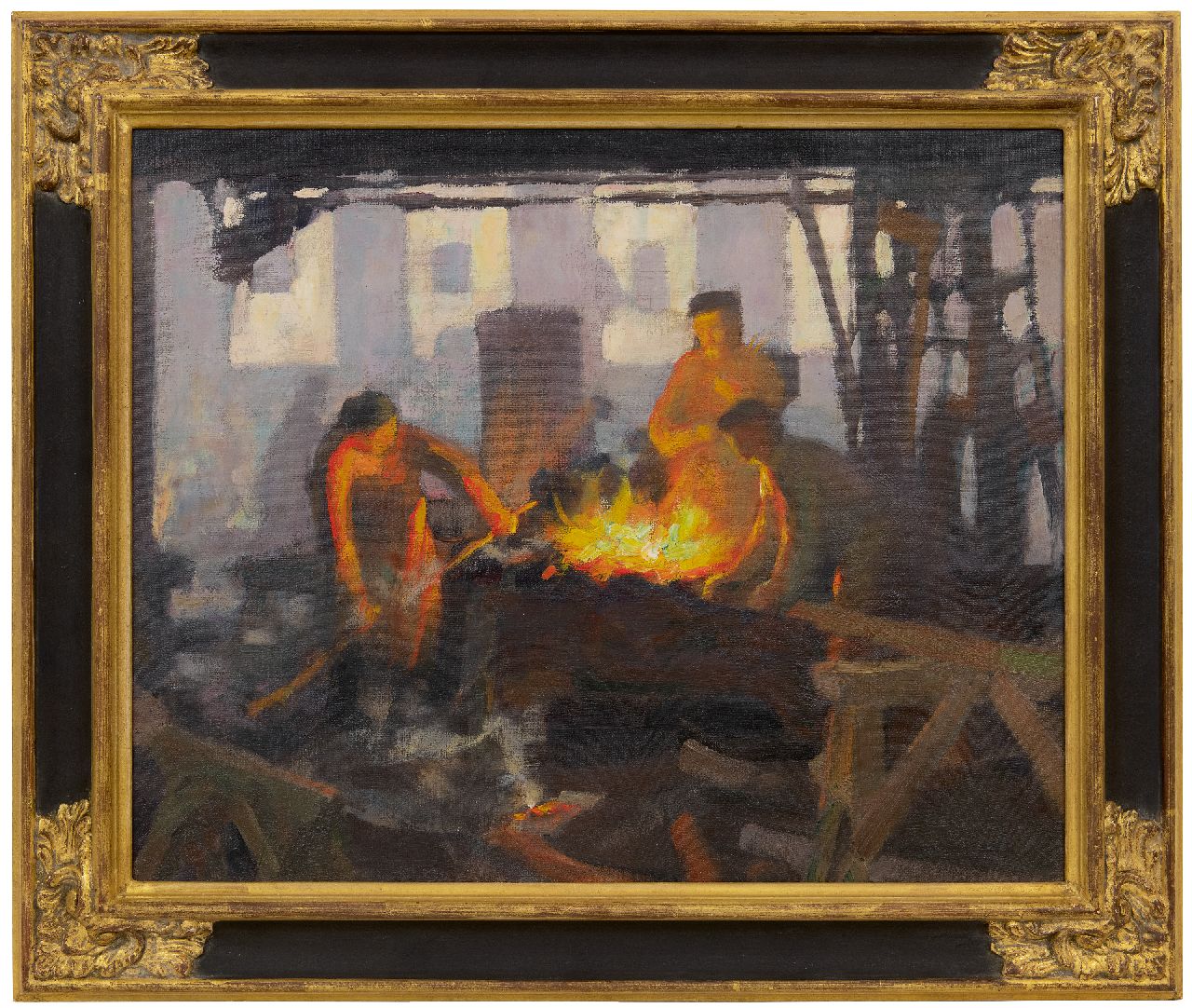 Heijmans L.  | Laurentius 'Louis' Heijmans | Schilderijen te koop aangeboden | Ovenisten bij de ijzergieterij Boddaert te Middelburg, olieverf op doek 40,2 x 50,2 cm