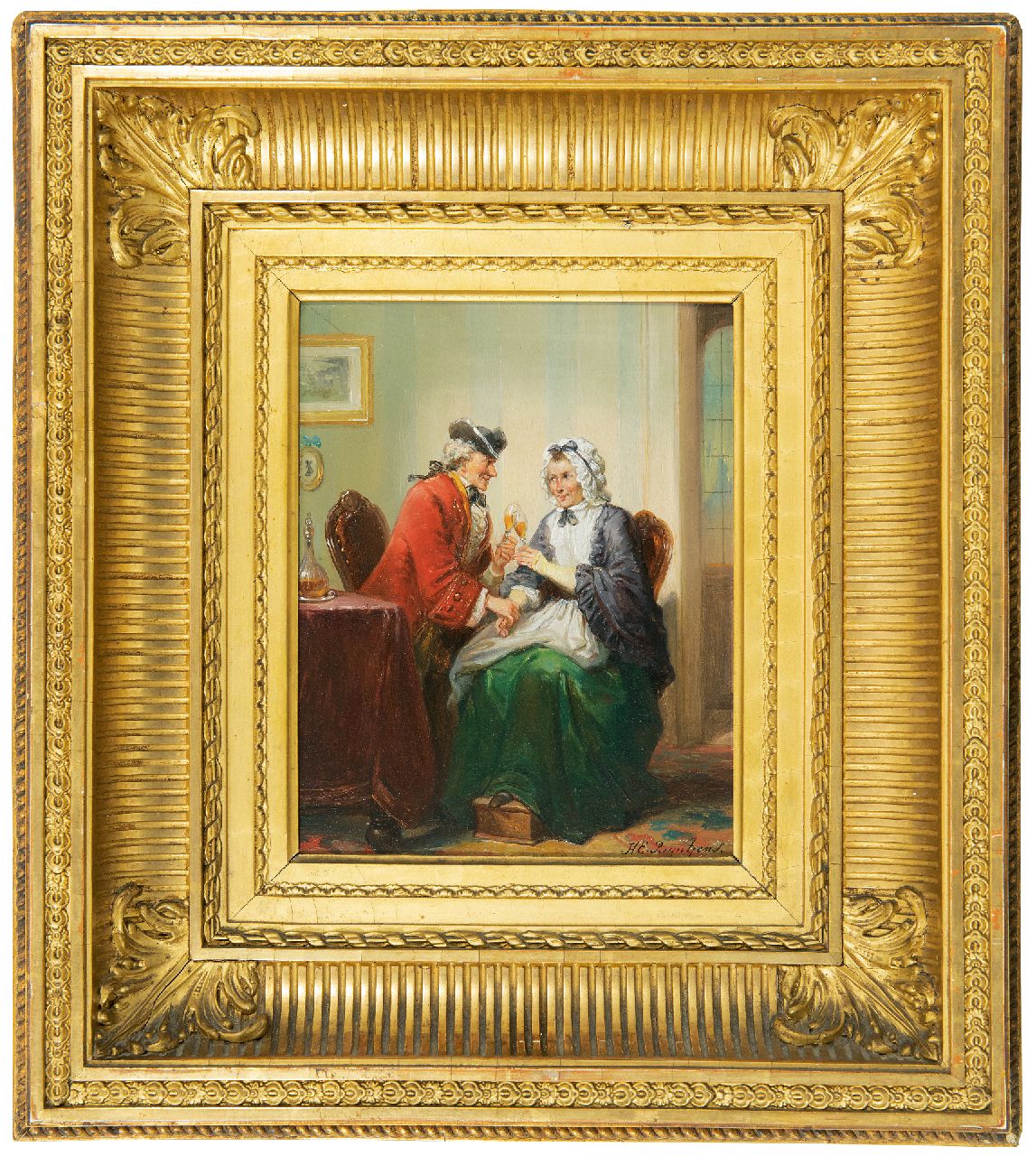 Reijntjens H.E.  | Henricus Engelbertus Reijntjens | Schilderijen te koop aangeboden | De bezegeling van het aanzoek, olieverf op paneel 19,3 x 15,1 cm, gesigneerd rechtsonder