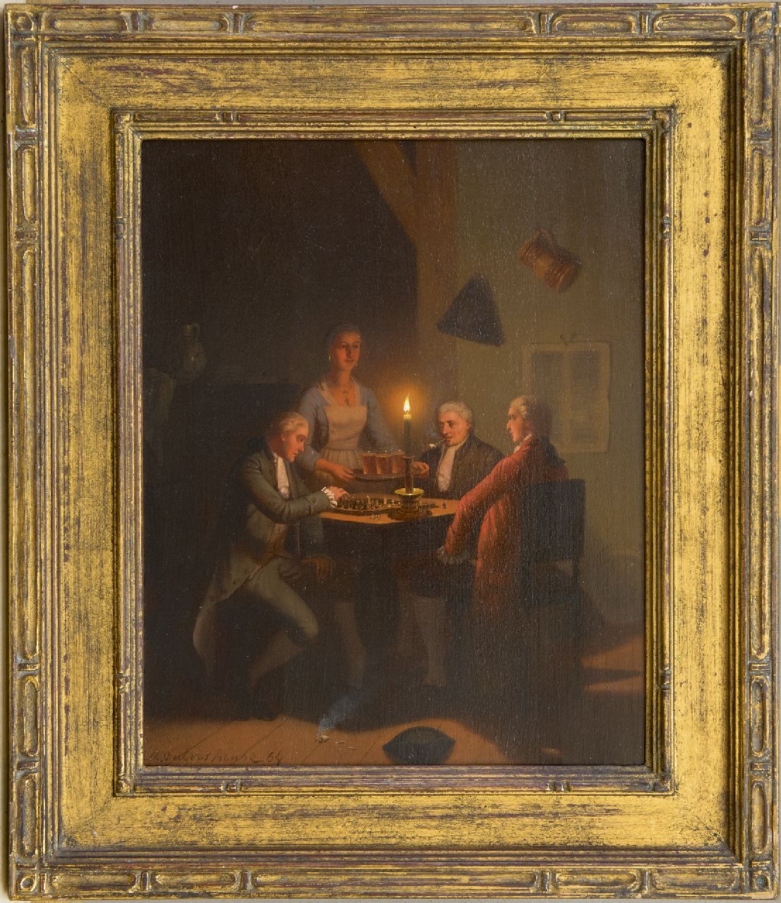 Culverhouse J.M.  | Johan Mengels Culverhouse | Schilderijen te koop aangeboden | Drie bier voor de schaakspelers bij kaarslicht, olieverf op paneel 26,8 x 21,3 cm, gesigneerd linksonder en gedateerd '64
