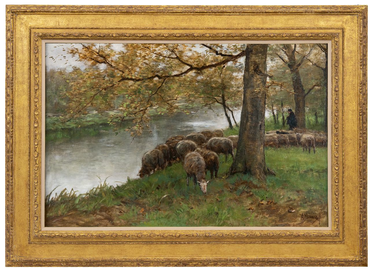 Mauve A. | Anthonij 'Anton' Mauve, Drinkende schapen bij een rivier, olieverf op doek 60,5 x 90,2 cm, gesigneerd rechtsonder en te dateren ca. 1877 Mauve A. | Anthonij 'Anton' Mauve, Drinkende schapen bij een rivier, olieverf op doek 60,5 x 90,2 cm, gesigneerd rechtsonder en te dateren ca. 1877