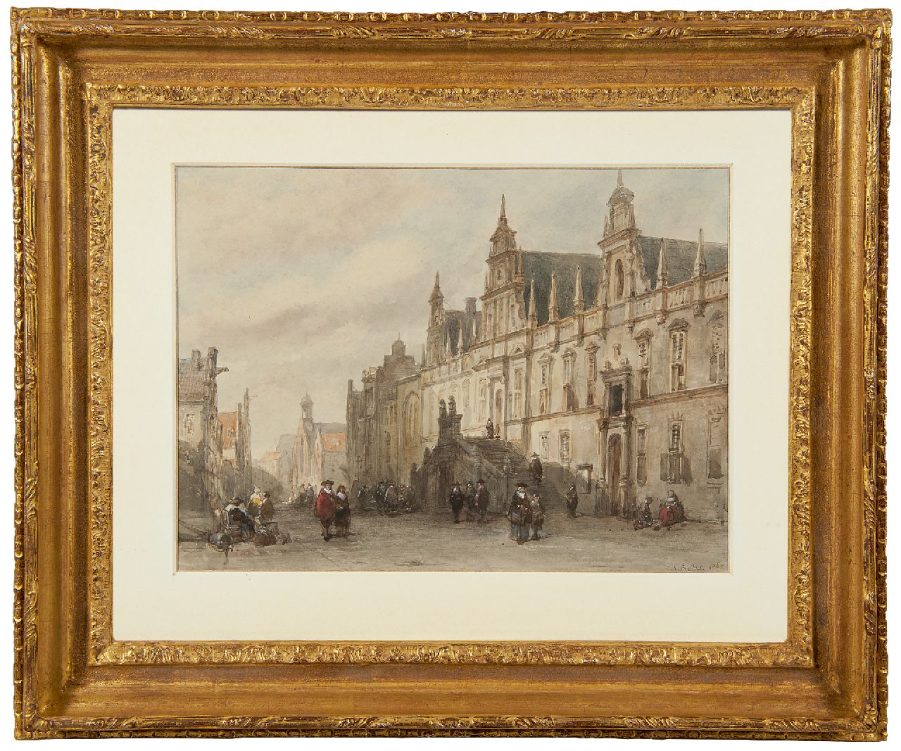 Behr C.J.  | Carel Jacobus Behr | Aquarellen en tekeningen te koop aangeboden | Gezicht op het stadhuis van Leiden, aquarel op papier 24,0 x 31,7 cm, gesigneerd rechtsonder en gedateerd 1860