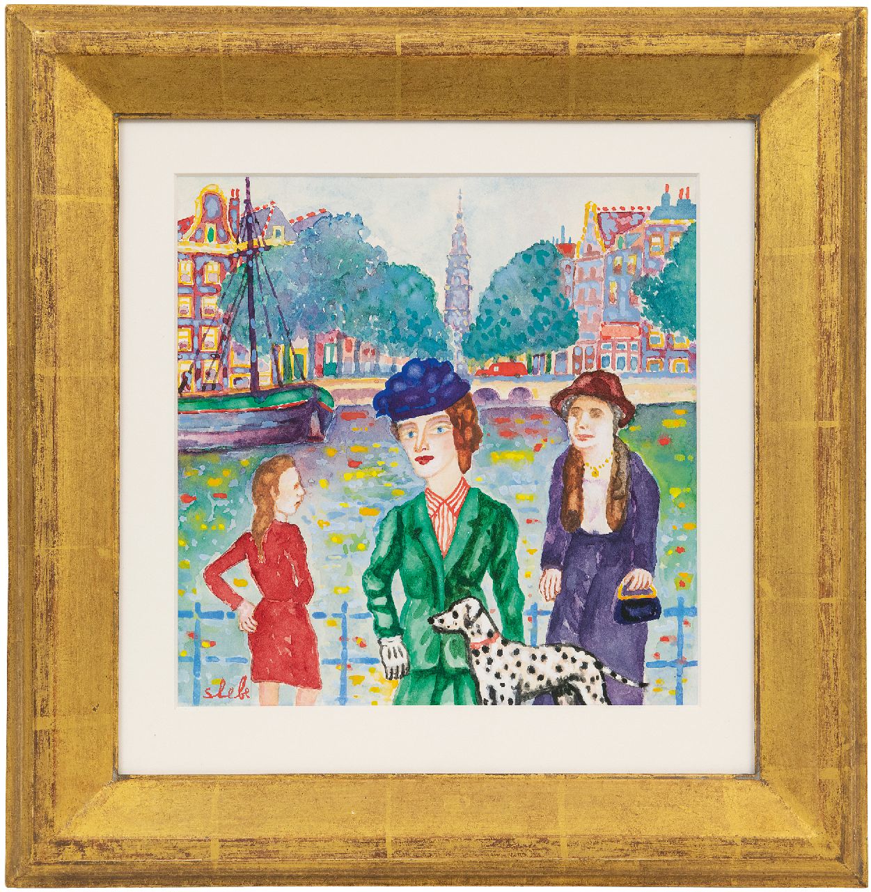 Slebe (Ferdinand Joseph Sleebe) F.  | Ferry Slebe (Ferdinand Joseph Sleebe), Drie vrouwen en een dalmatiër in Amsterdam, aquarel op papier 25,4 x 25,2 cm, gesigneerd linksonder