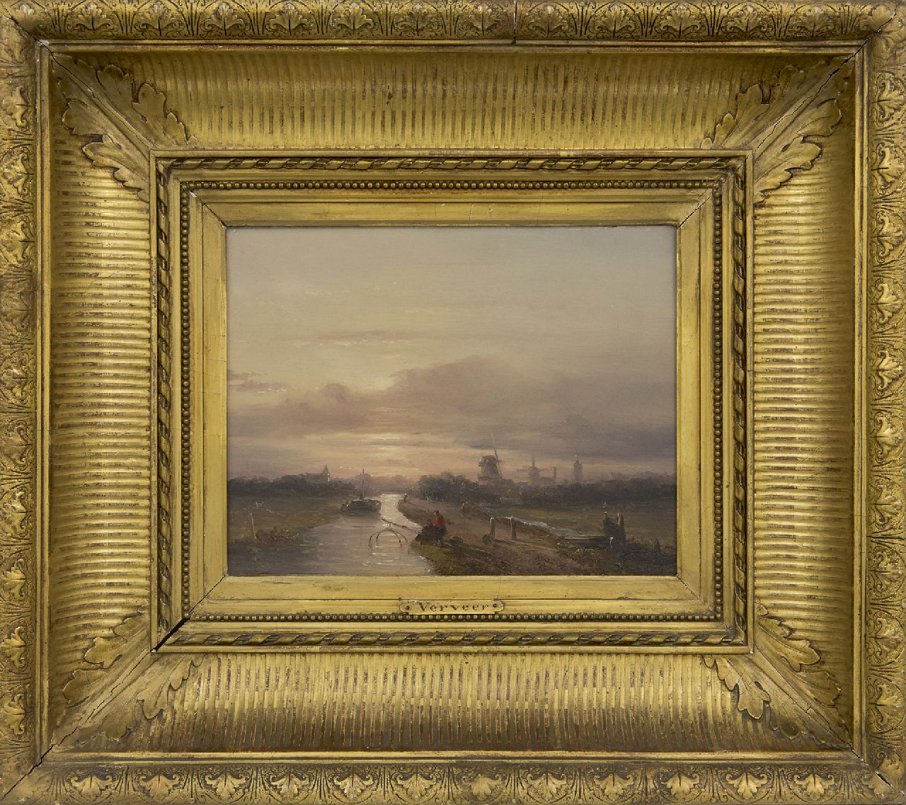 Verveer S.L.  | 'Salomon' Leonardus Verveer | Schilderijen te koop aangeboden | Twee vissers aan een vaart bij ondergaande zon, olieverf op paneel 17,5 x 23,2 cm, gesigneerd rechtsonder