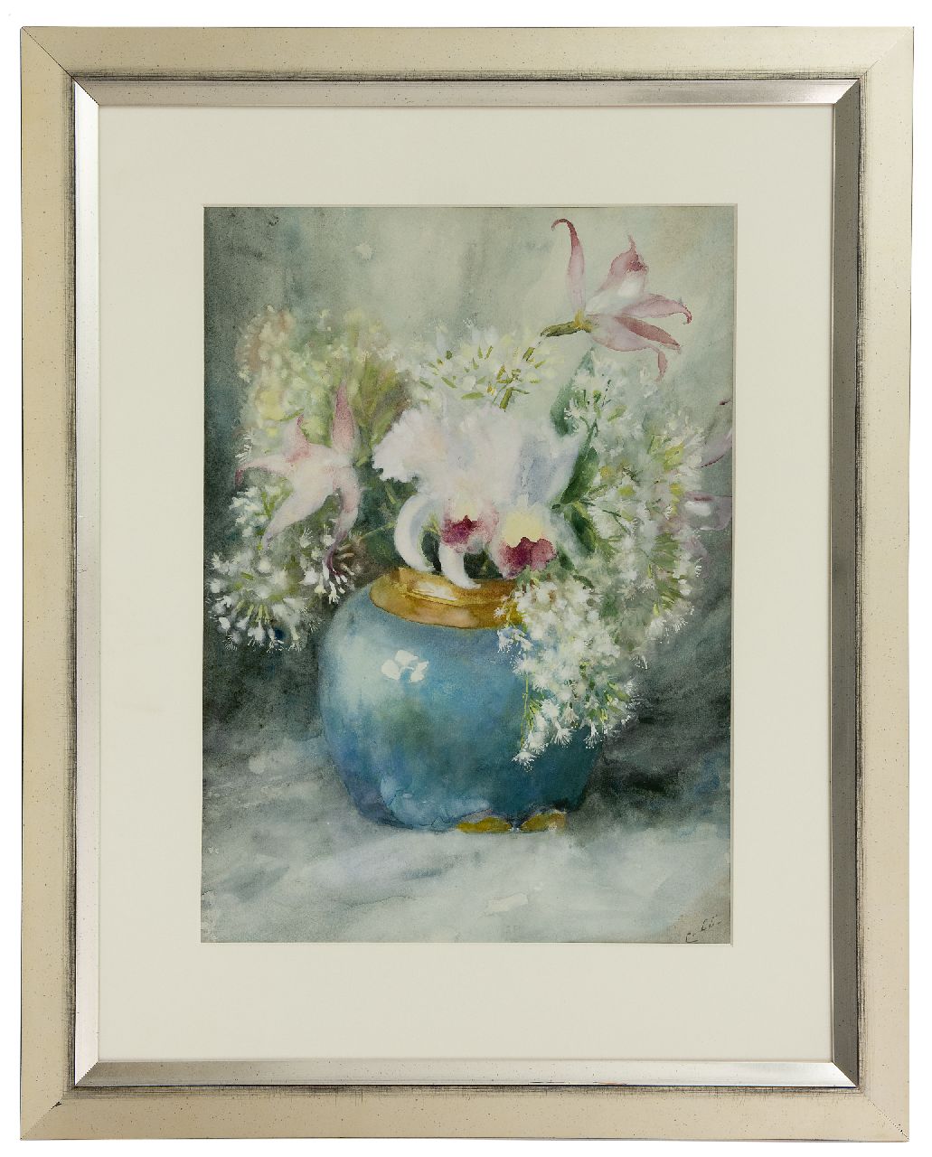 Limburg Stirum A.M.E.C. van | Anna Marguérite Elisabeth Caroline 'Caro' van Limburg Stirum, Bloemen in blauwe gemberpot, aquarel op papier 47,0 x 33,5 cm, gesigneerd rechtsonder met initialen