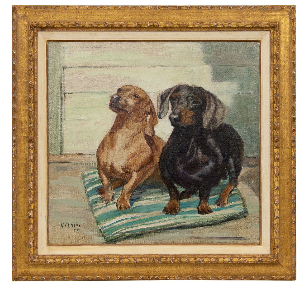 Cunow-Detjen N.  | Nelly Cunow-Detjen | Schilderijen te koop aangeboden | Twee kortharige teckels, olieverf op doek 54,0 x 56,5 cm, gesigneerd linksonder en gedateerd 1932