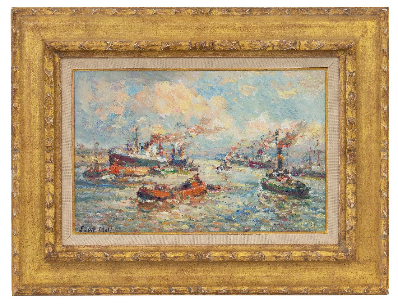 Moll E.  | Evert Moll | Schilderijen te koop aangeboden | Havengezicht in Rotterdam, olieverf op paneel 23,0 x 35,0 cm, gesigneerd linksonder