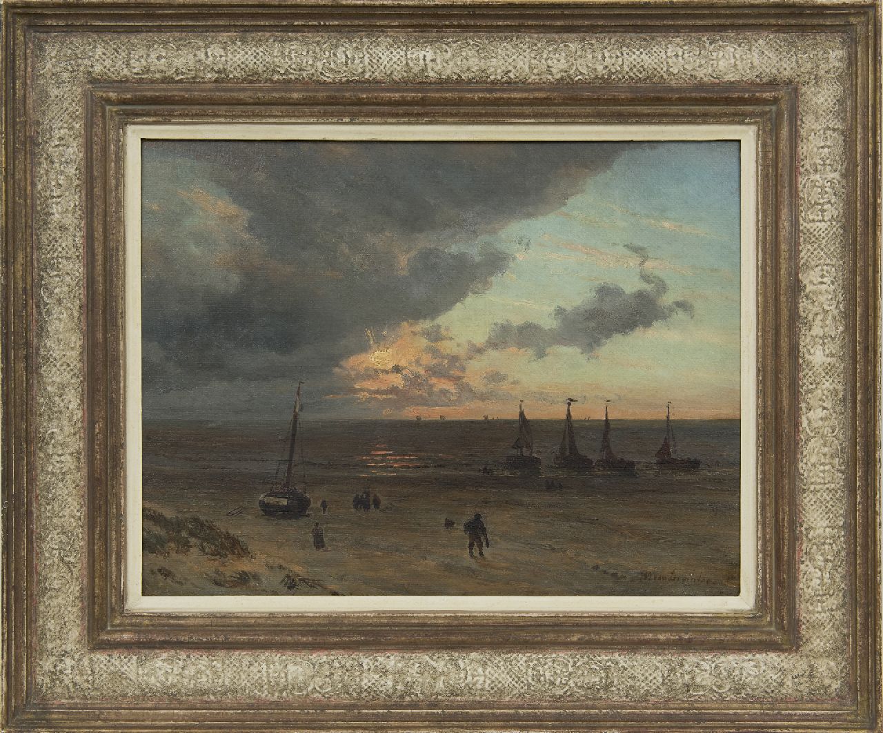Deventer W.A. van | 'Willem' Anthonie van Deventer | Schilderijen te koop aangeboden | Strandgezicht met vissersschepen bij ondergaande zon, olieverf op papier op paneel 32,0 x 41,6 cm, gesigneerd rechtsonder