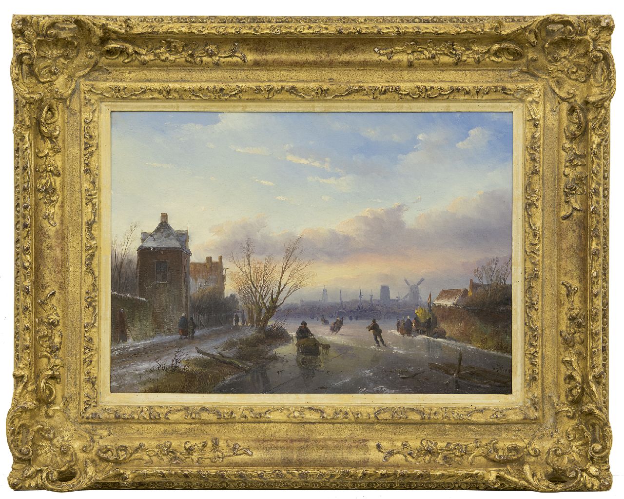 Spohler J.J.  | Jan Jacob Spohler, Schaatsers op een bevroren rivier bij een stad, olieverf op paneel 30,5 x 43,0 cm, gesigneerd linksonder