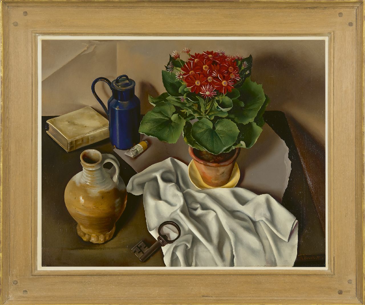 Breetvelt A.  | Adolf 'Dolf' Breetvelt, Stilleven met plantje, kruik en sleutel, olieverf op doek 60,4 x 75,1 cm, gesigneerd rechtsonder en gedateerd '22 (vorm sleutel)