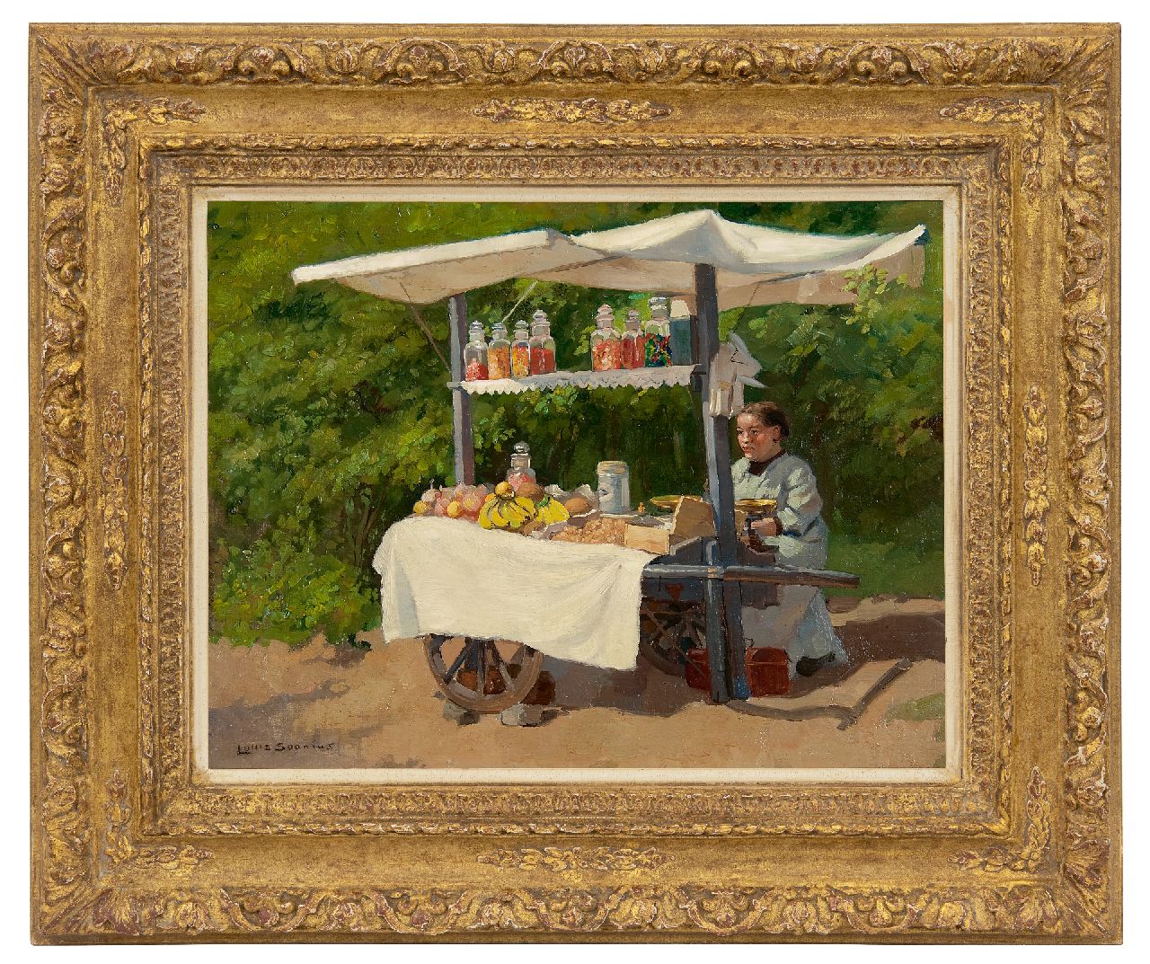 Soonius L.  | Lodewijk 'Louis' Soonius | Schilderijen te koop aangeboden | Vrouw met snoep- en fruitkar, olieverf op doek op paneel 34,9 x 45,3 cm, gesigneerd linksonder