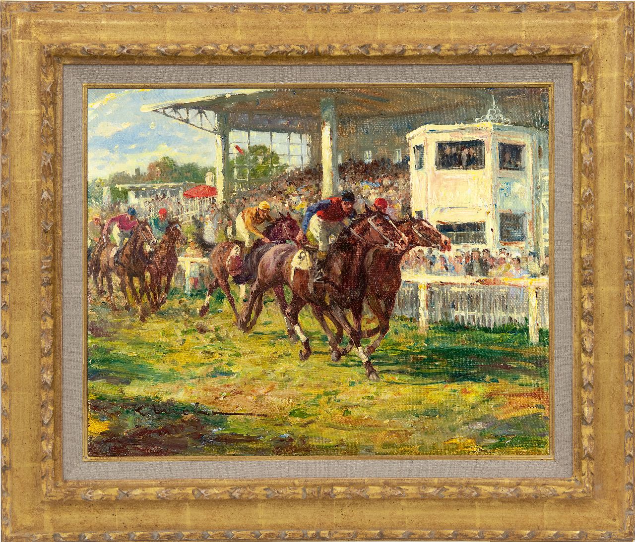 Mohr K.  | Karl Mohr | Schilderijen te koop aangeboden | De paardenrennen in Köln-Weidenpesch, olieverf op doek 40,3 x 50,3 cm, gesigneerd linksonder