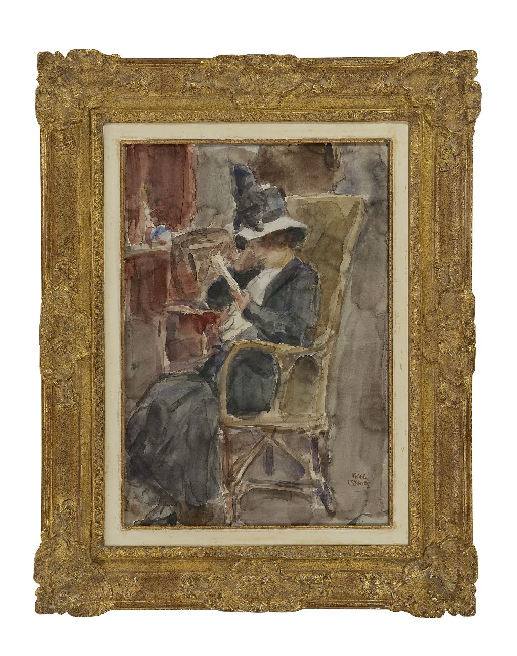 Israels I.L.  | 'Isaac' Lazarus Israels, Vrouw met hoed, lezend, aquarel op papier 50,7 x 35,4 cm, gesigneerd rechtsonder