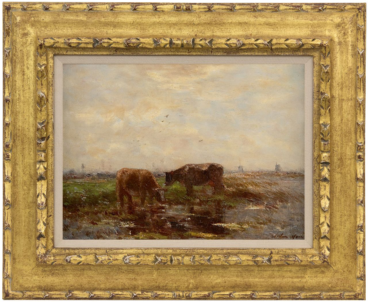 Maris W.  | Willem Maris, Grazende koeien in polderlandschap, olieverf op paneel 24,1 x 32,6 cm, gesigneerd rechtsonder
