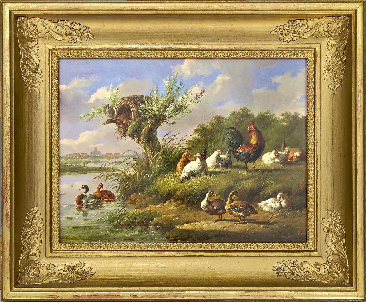 Verhoesen A.  | Albertus Verhoesen, Pluimvee aan het water, olieverf op paneel 20,7 x 27,0 cm
