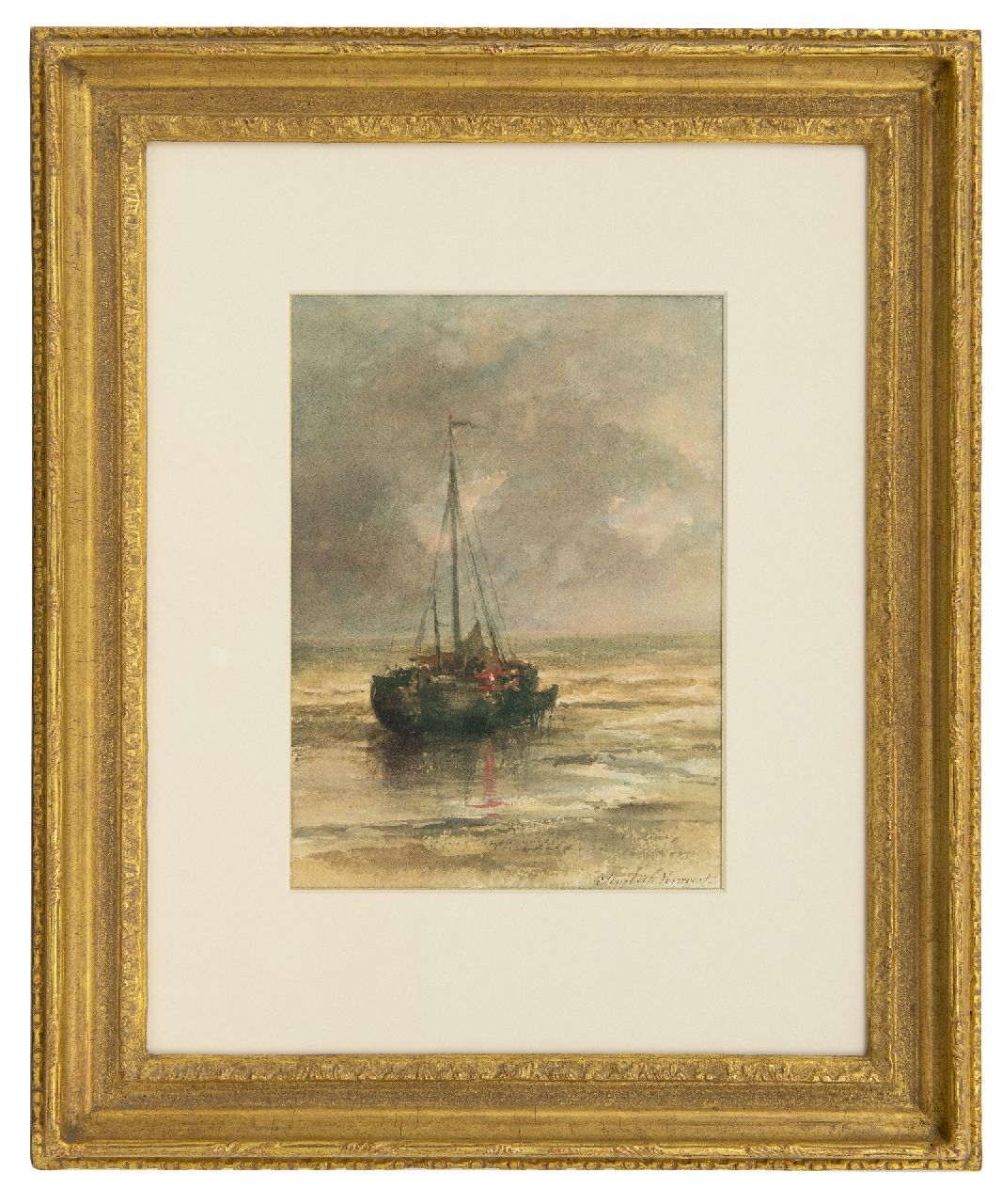 Verwoert M.E.  | Maria 'Elisabeth' Verwoert | Aquarellen en tekeningen te koop aangeboden | Bomschuit voor anker voor het strand, aquarel op papier 29,8 x 22,2 cm, gesigneerd rechtsonder