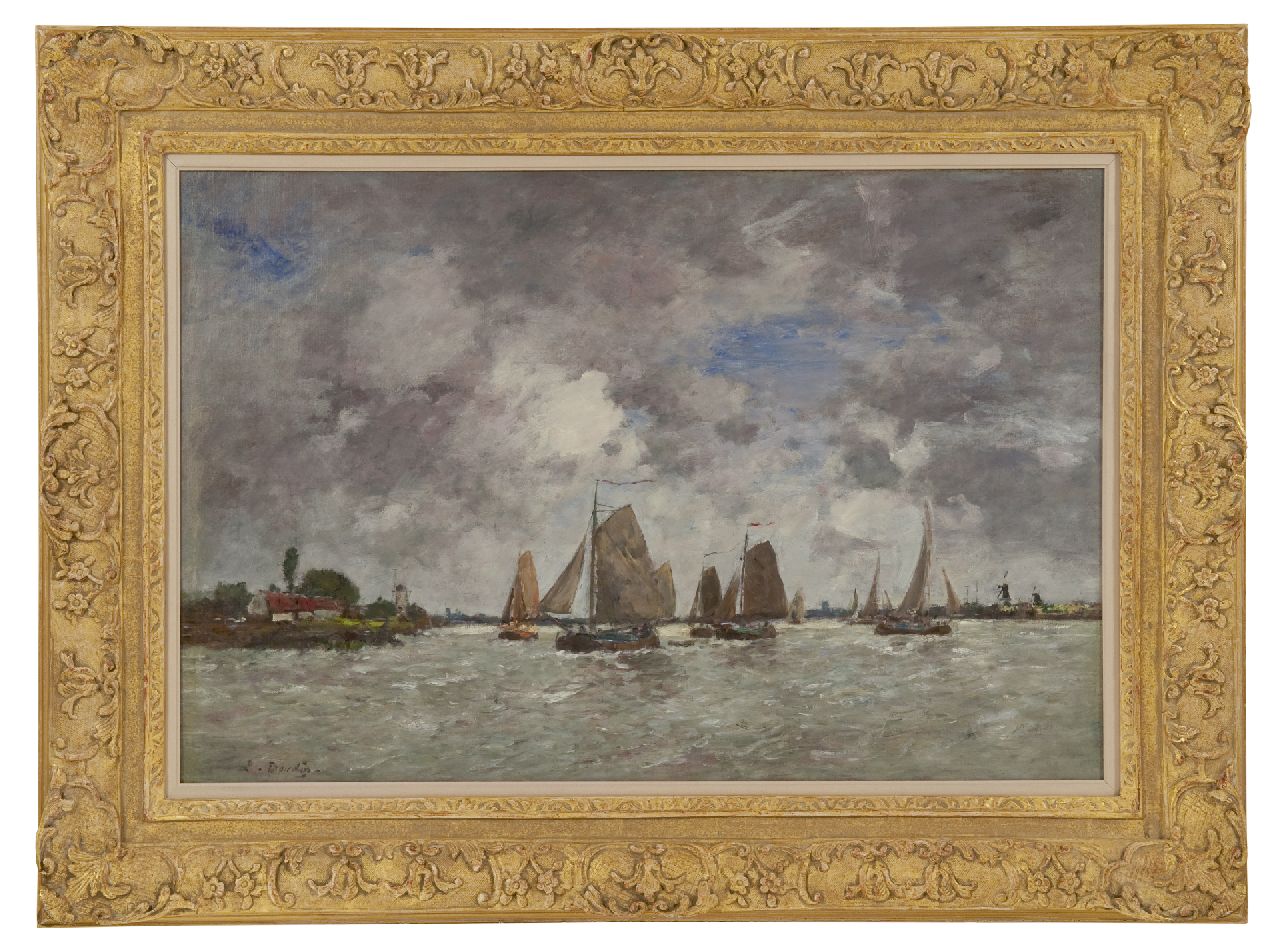 Boudin E.L.  | 'Eugène' Louis Boudin, Zeilschepen op de Maas, olieverf op doek 49,7 x 74,2 cm, gesigneerd linksonder