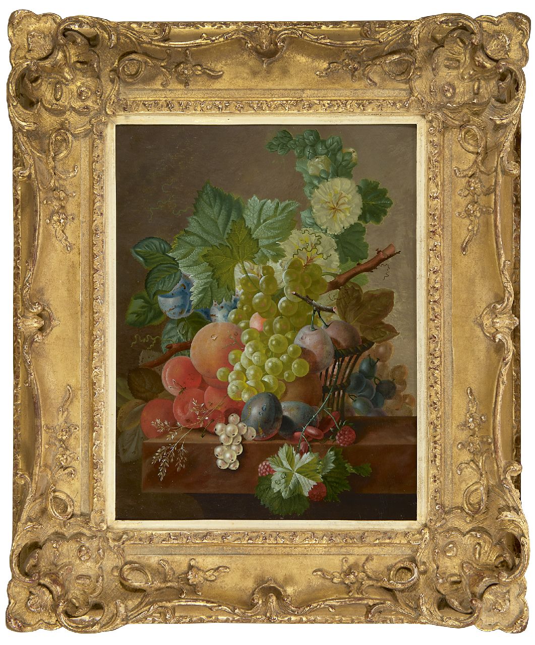 Bruyn J.C. de | Johannes Cornelis de Bruyn | Schilderijen te koop aangeboden | Druiven, perziken en ander fruit op een stenen plint, olieverf op paneel 42,6 x 32,6 cm