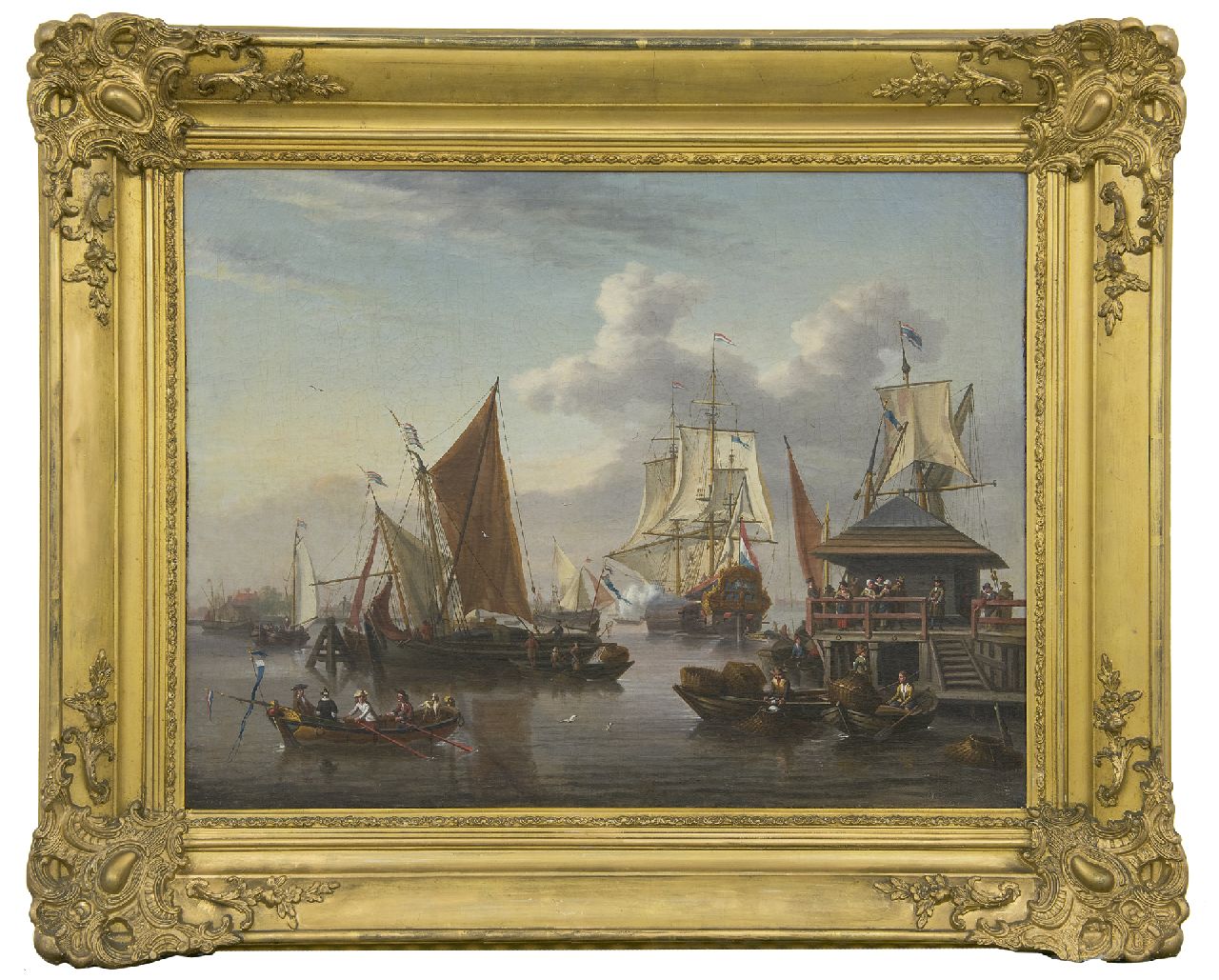 Blaauw J. de | Johannis de Blaauw | Schilderijen te koop aangeboden | Gezicht op het IJ bij Amsterdam met een van de bothuisjes, olieverf op doek 48,3 x 64,5 cm