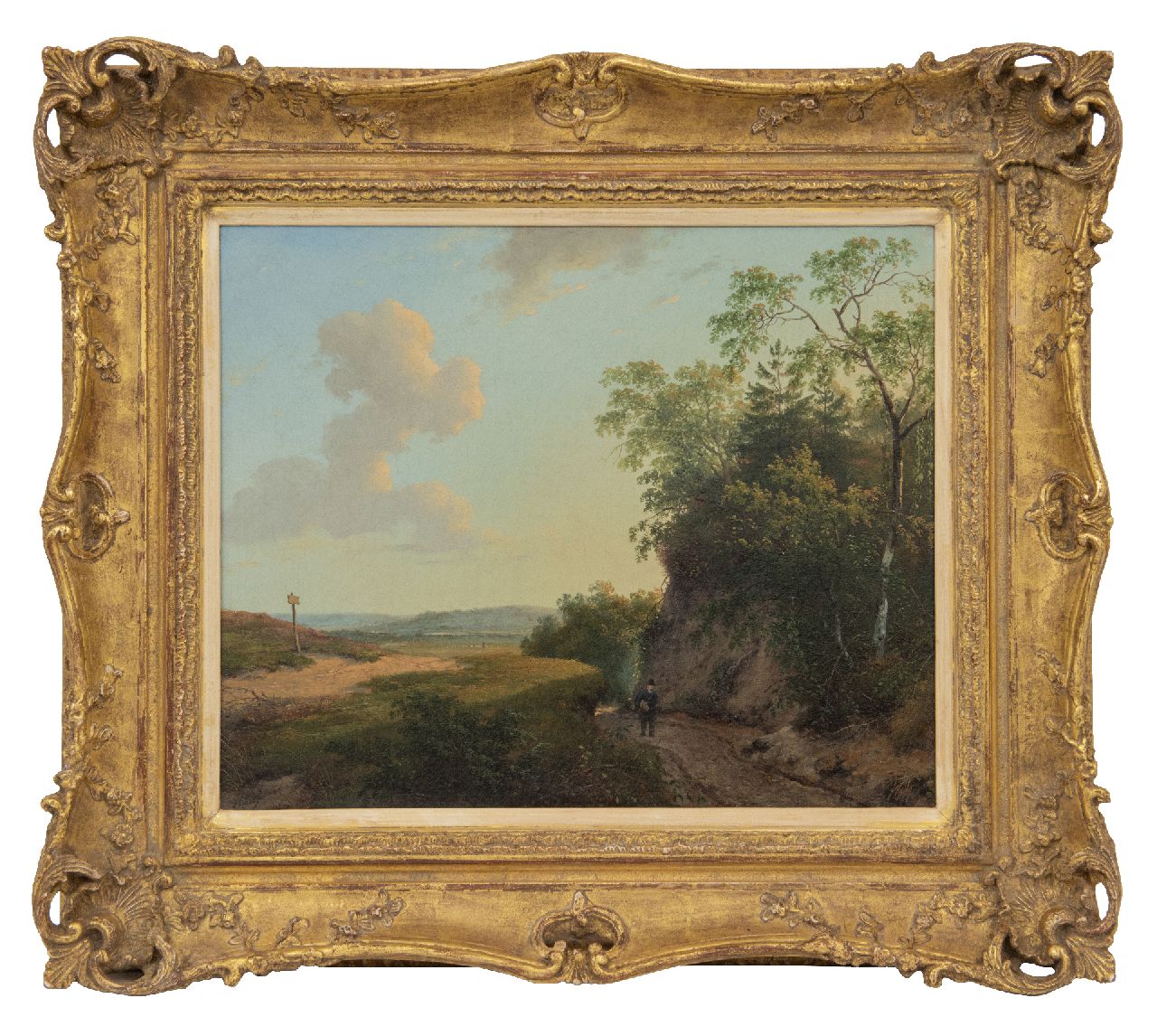 Schelfhout A.  | Andreas Schelfhout | Schilderijen te koop aangeboden | Gelders landschap met wandelaar, olieverf op doek 33,6 x 41,3 cm, gesigneerd linksonder en te dateren ca. 1830