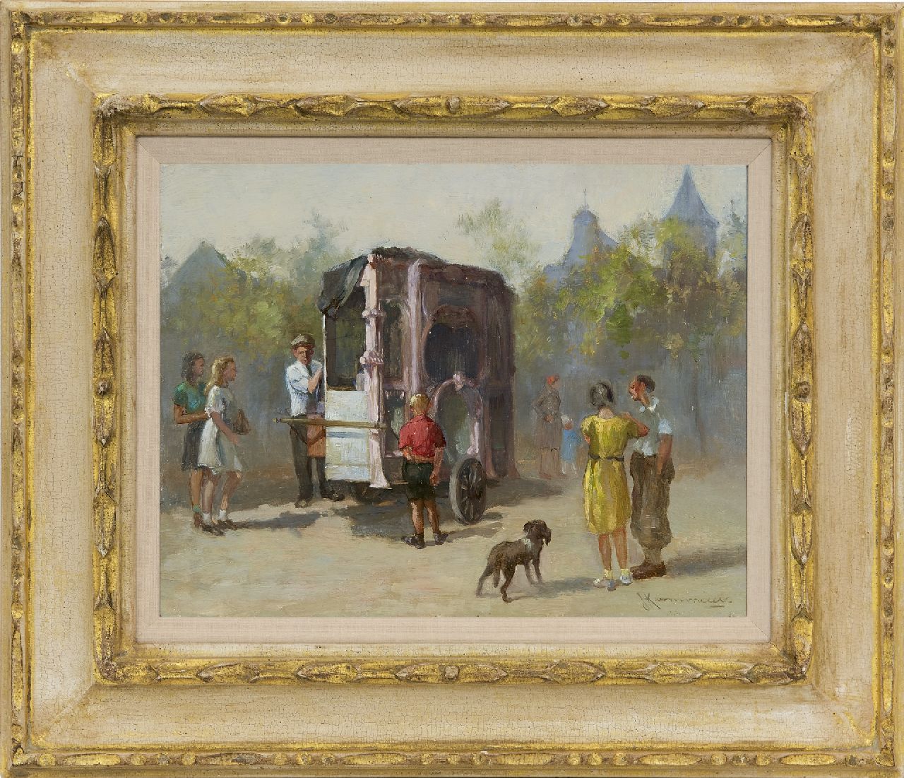 Kaemmerer J.H.  | Johan Hendrik 'Joh. H.' Kaemmerer | Schilderijen te koop aangeboden | Het draaiorgel, olieverf op paneel 21,6 x 27,8 cm, gesigneerd rechtsonder