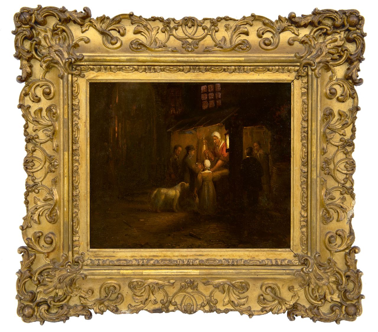 Haanen G.G.  | George Gillis Haanen | Schilderijen te koop aangeboden | Marktkraam met figuren bij kaarslicht, olieverf op paneel 19,7 x 22,4 cm