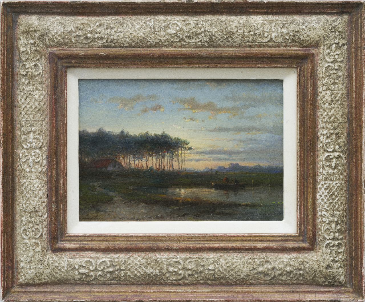 Lieste C.  | Cornelis Lieste, Avondlandschap met vissers in een bootje, olieverf op paneel 13,1 x 18,7 cm, gesigneerd linksonder