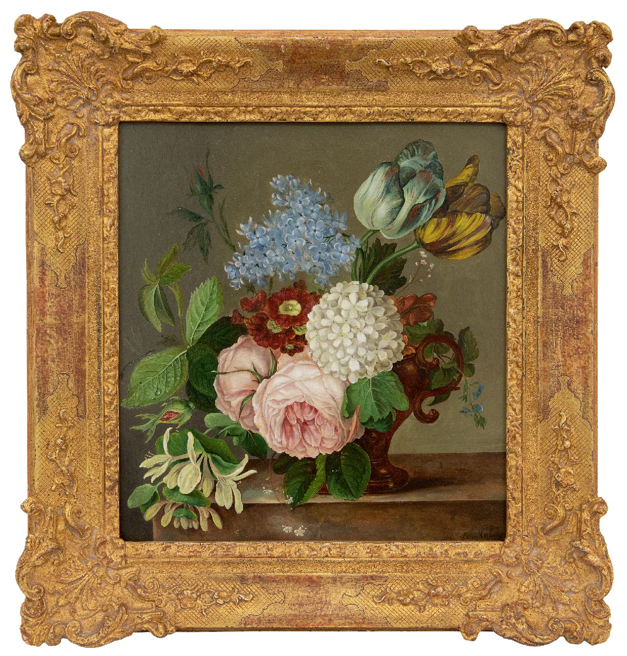 Hulstijn C.J. van | Cornelis Johannes 'Johan' van Hulstijn | Schilderijen te koop aangeboden | Bloemstilleven met rozen, tulpen, primula's en andere bloemen, olieverf op paneel 29,3 x 26,9 cm, gesigneerd rechtsonder