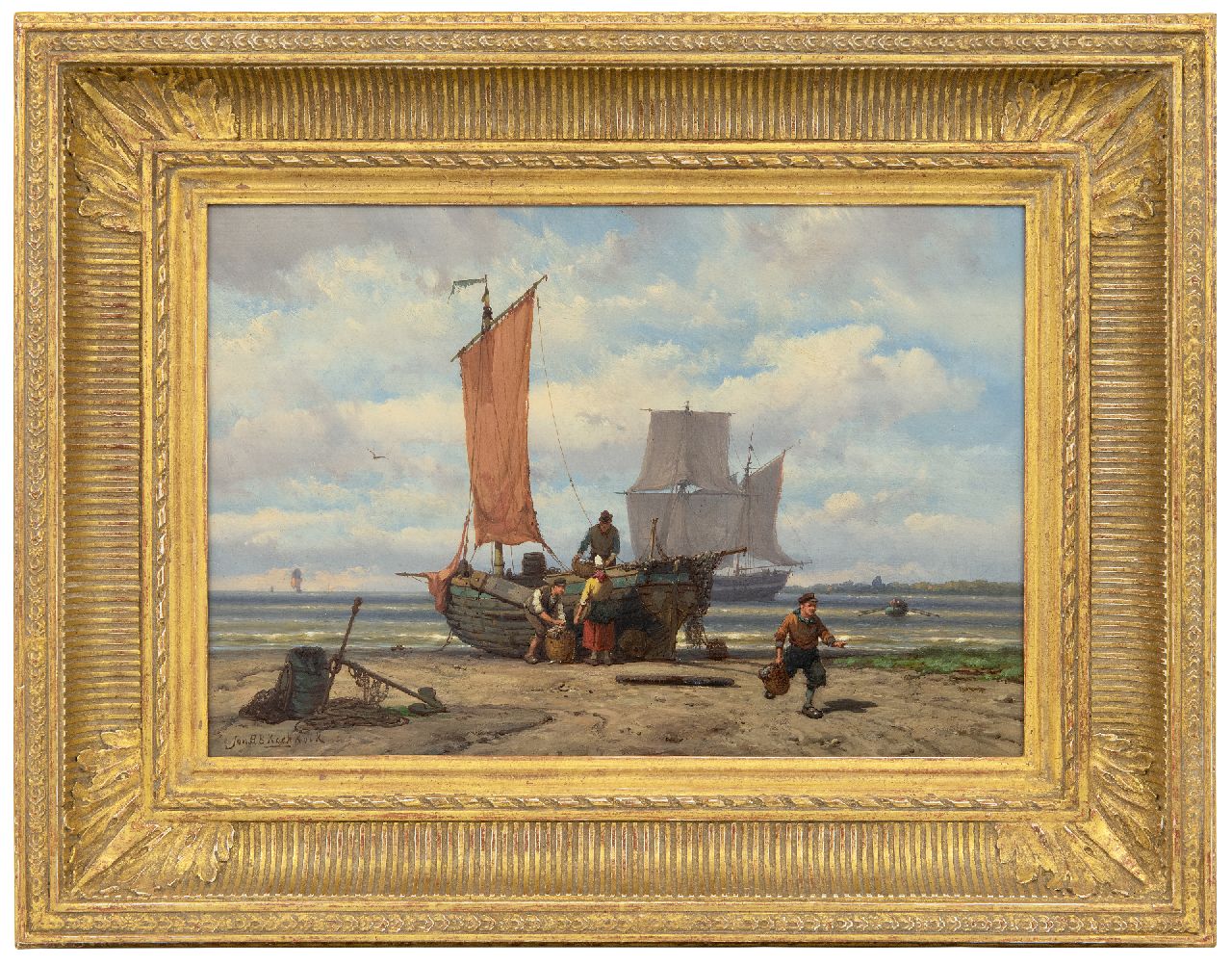Koekkoek J.H.B.  | Johannes Hermanus Barend 'Jan H.B.' Koekkoek | Schilderijen te koop aangeboden | Het uitladen van de vangst, olieverf op paneel 23,5 x 34,3 cm, gesigneerd linksonder