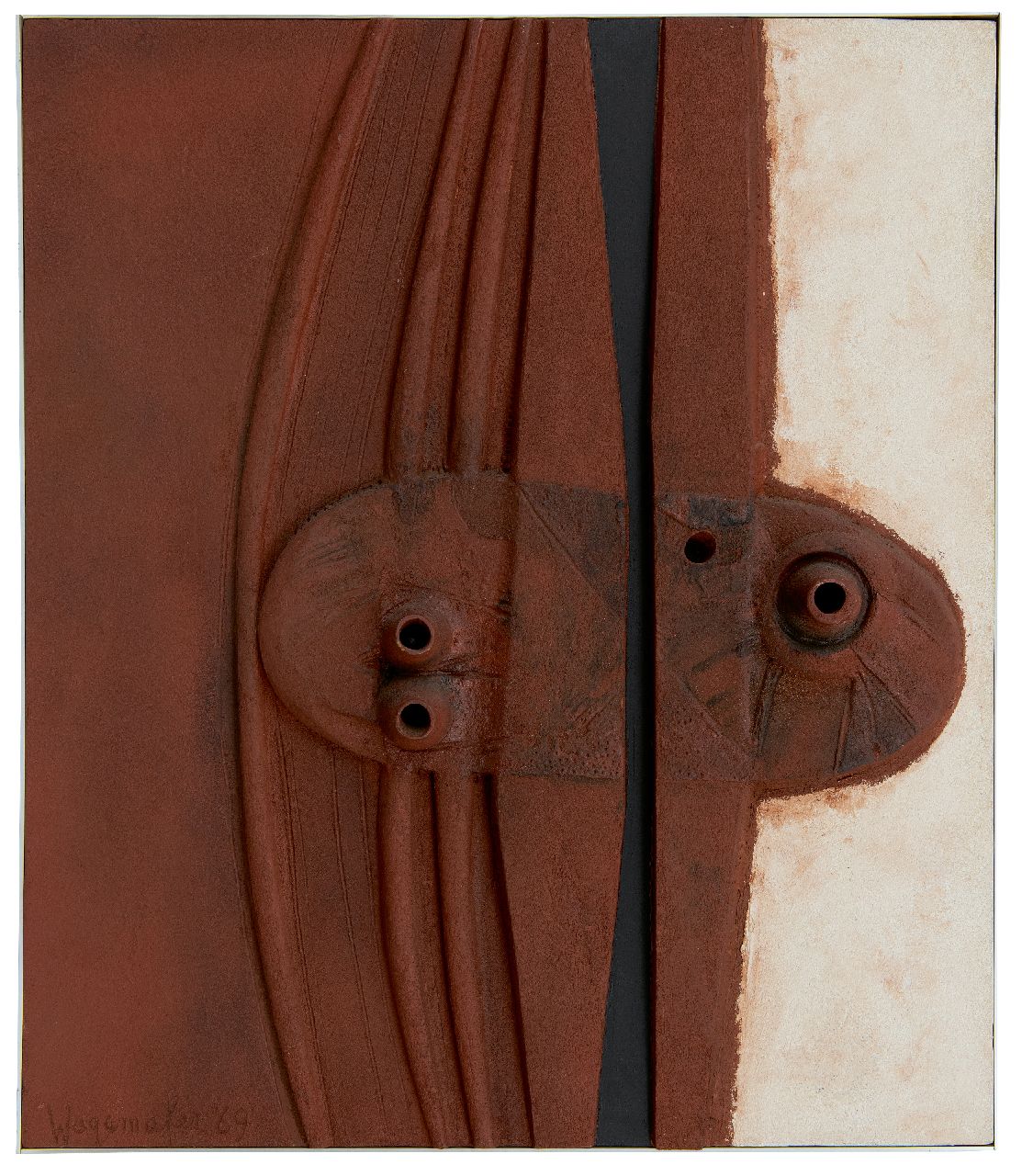 Wagemaker A.B.  | Adriaan Barend 'Jaap' Wagemaker, Roestrood, gemengde techniek op board 76,0 x 66,0 cm, gesigneerd linksonder en gedateerd '69