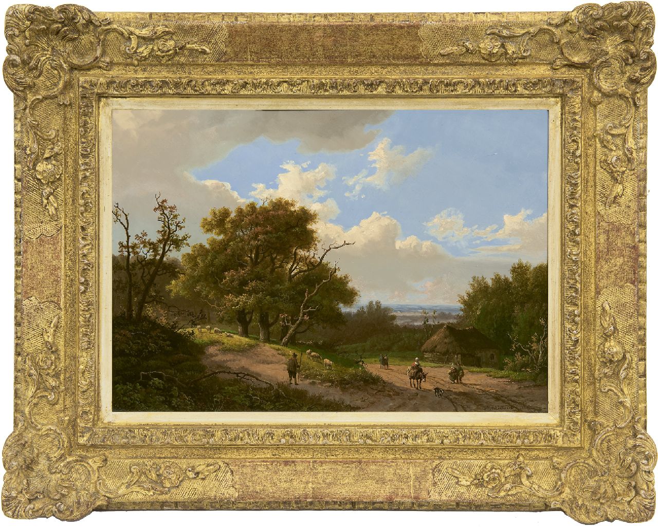 Koekkoek I M.A.  | Marinus Adrianus Koekkoek I | Schilderijen te koop aangeboden | Boslandschap met herder en landvolk, olieverf op paneel 24,5 x 34,9 cm, gesigneerd rechtsonder en gedateerd 1851