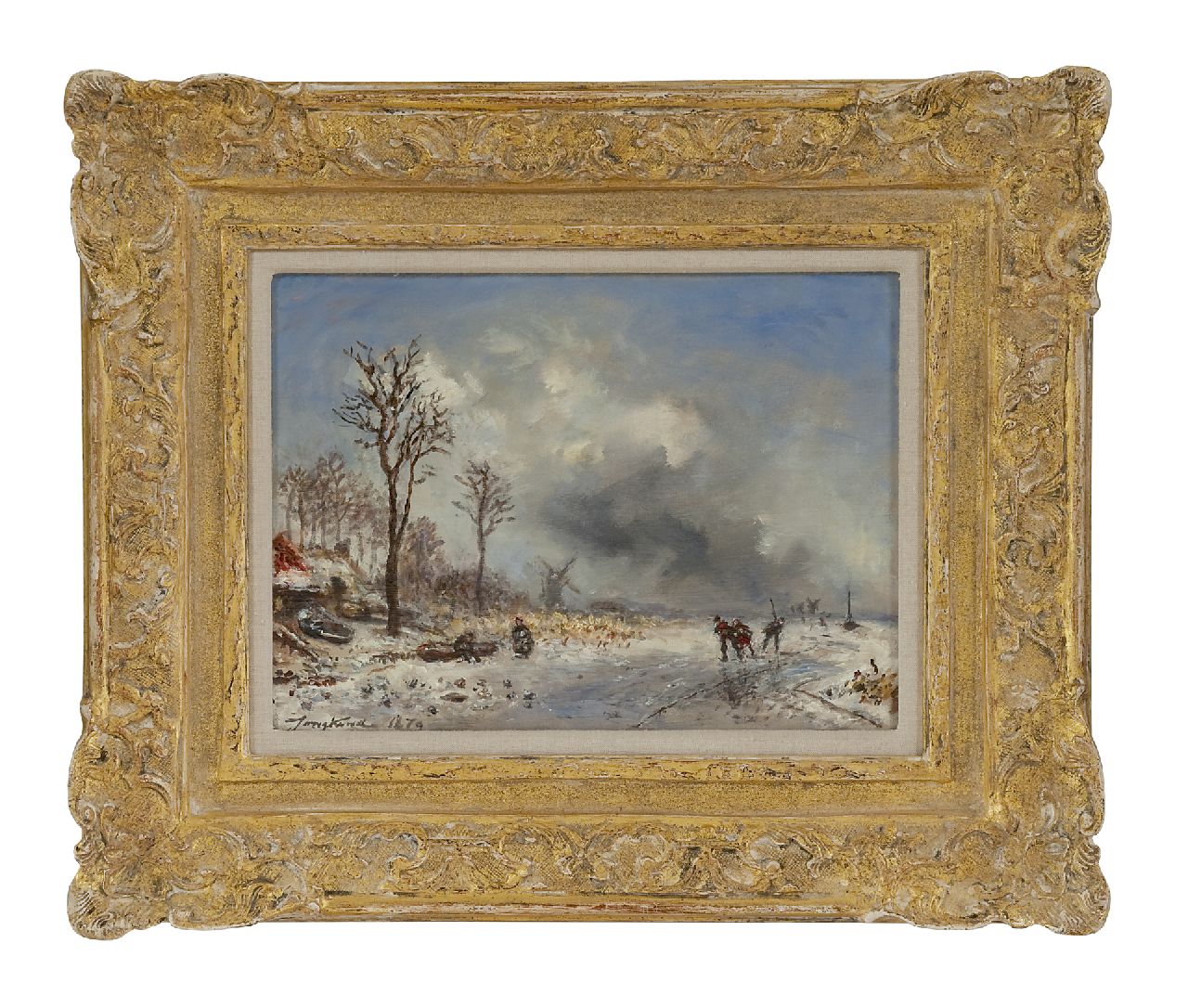 Jongkind J.B.  | Johan Barthold Jongkind, Schaatsers in de omgeving van Rotterdam, olieverf op doek 24,7 x 33,0 cm, gesigneerd linksonder en gedateerd 1879