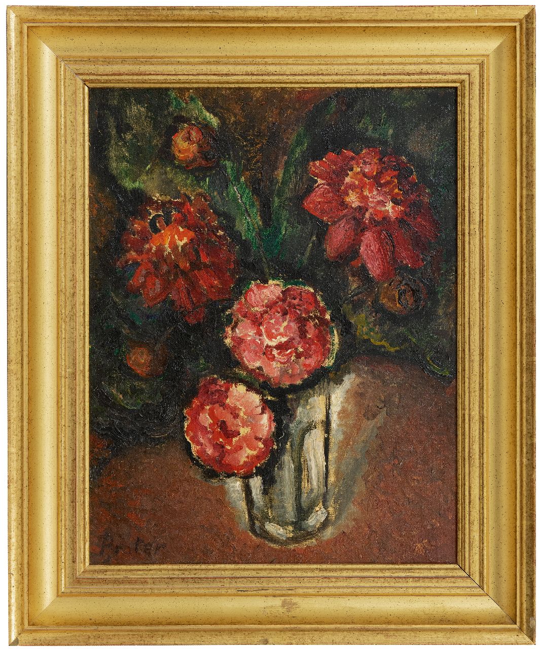 Praetere J. De | Jules De Praetere | Schilderijen te koop aangeboden | Rode bloemen, olieverf op doek 45,7 x 34,7 cm, gesigneerd linksonder