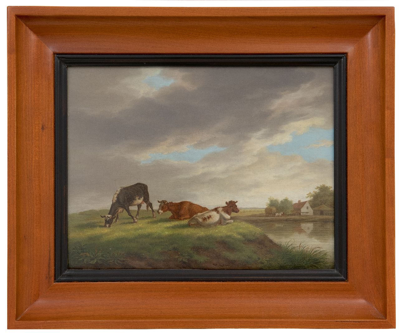 Burgh H.A. van der | Hendrik Adam van der Burgh | Schilderijen te koop aangeboden | Koeien in een landschap met boerderij, olieverf op paneel 20,4 x 26,3 cm, gesigneerd linksonder en gedateerd 1821