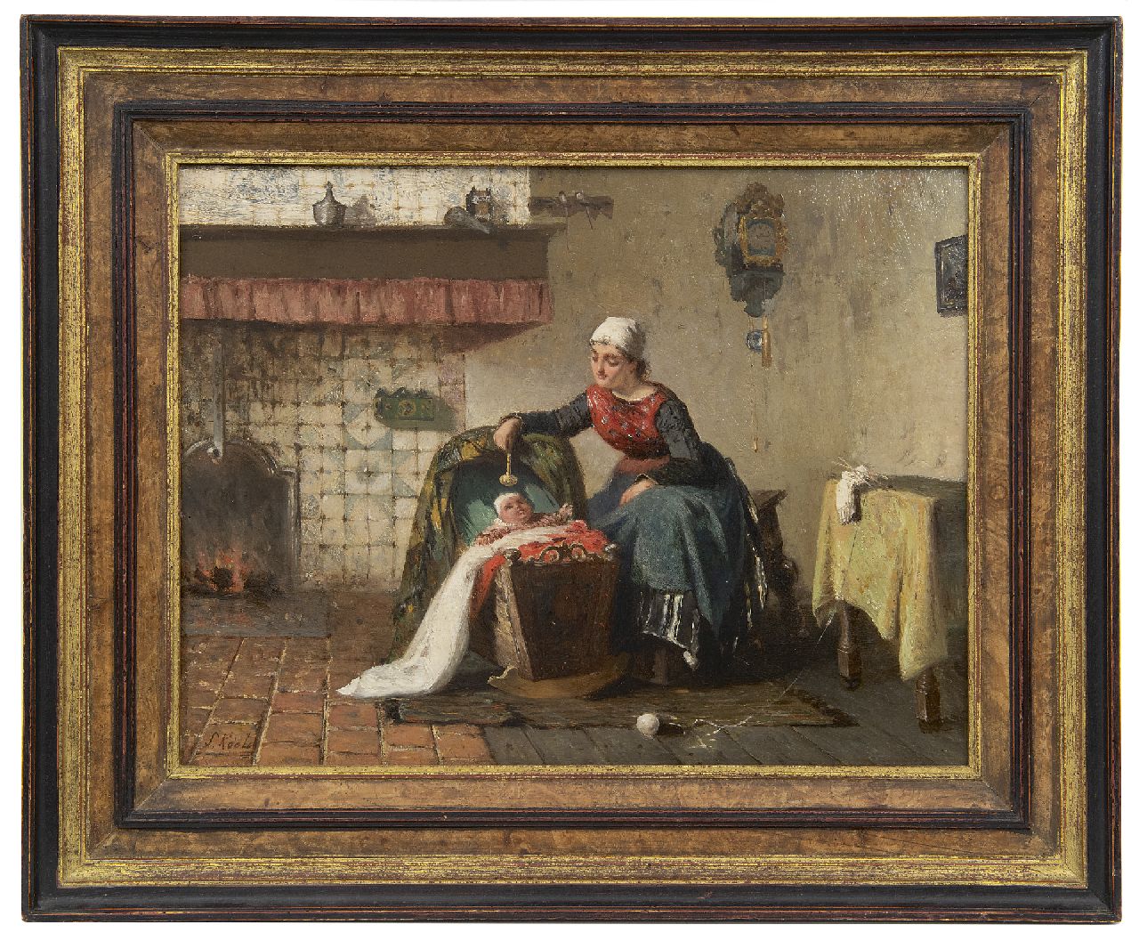 Kool S.C.  | Sipke 'Cornelis' Kool | Schilderijen te koop aangeboden | Moeder en kind bij het haardvuur, olieverf op paneel 26,6 x 35,0 cm, gesigneerd linksonder en gedateerd 1881, zonder lijst