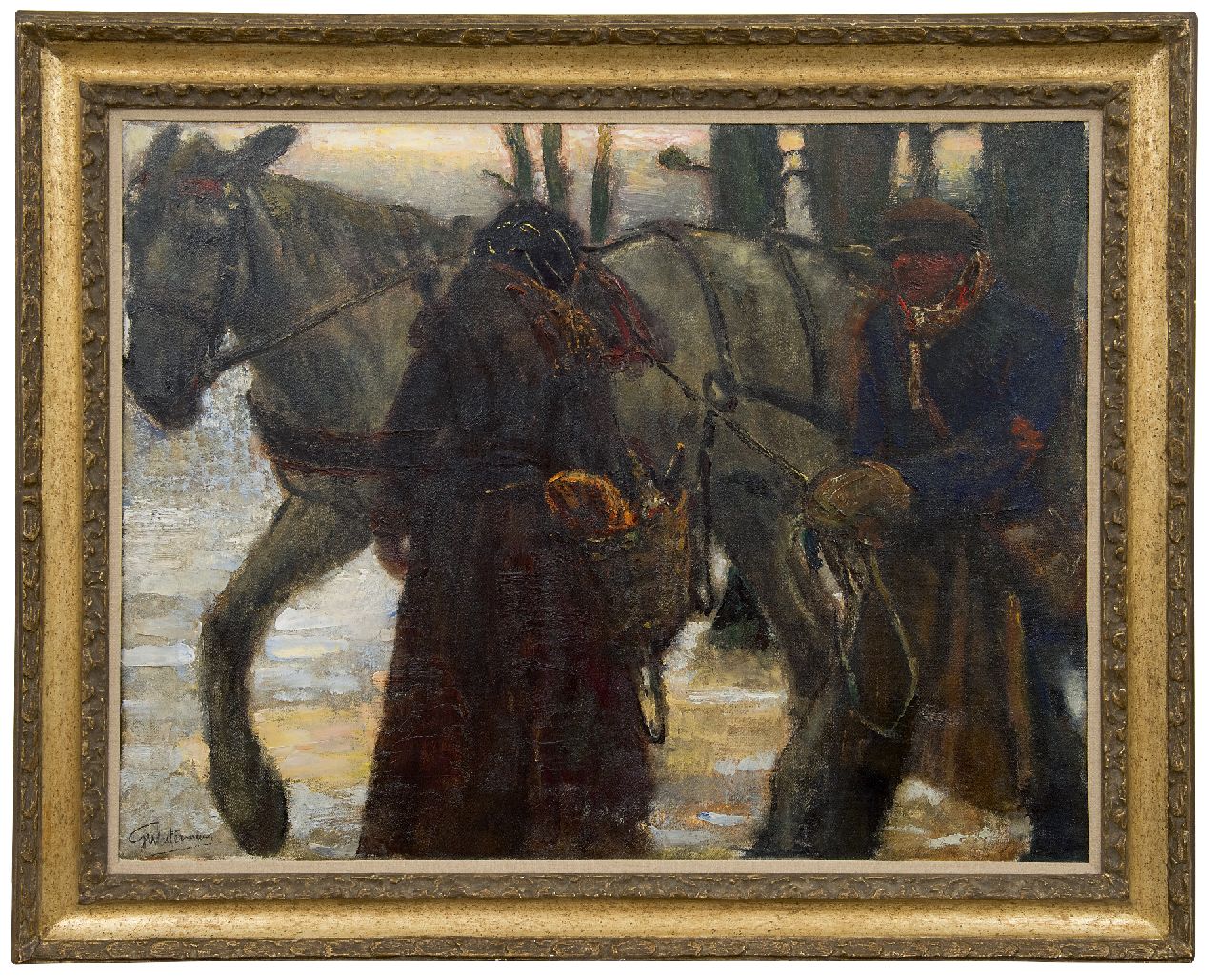 Westermann G.B.J.  | Gerhardus Bernardus Josephus 'Gerard' Westermann | Schilderijen te koop aangeboden | Figuren bij een trekpaard, olieverf op doek 77,0 x 100,0 cm, gesigneerd linksonder