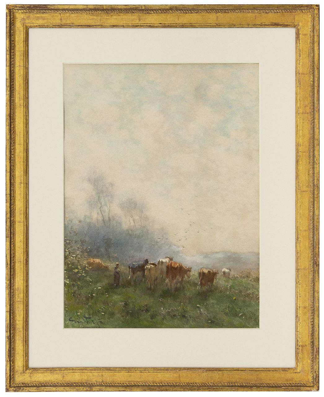 Vrolijk J.M.  | Johannes Martinus 'Jan' Vrolijk, Herderin met haar kudde in de ochtendnevel, aquarel op papier 53,5 x 39,4 cm, gesigneerd linksonder