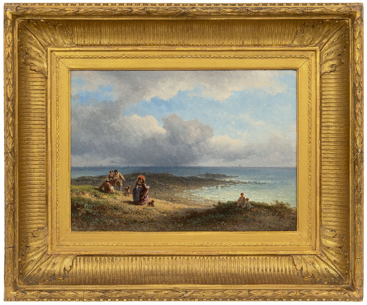 Hilverdink J.  | Johannes Hilverdink | Schilderijen te koop aangeboden | Elegante wandelaars aan de Franse kust, olieverf op paneel 23,6 x 34,2 cm, gesigneerd linksonder en gedateerd 1873
