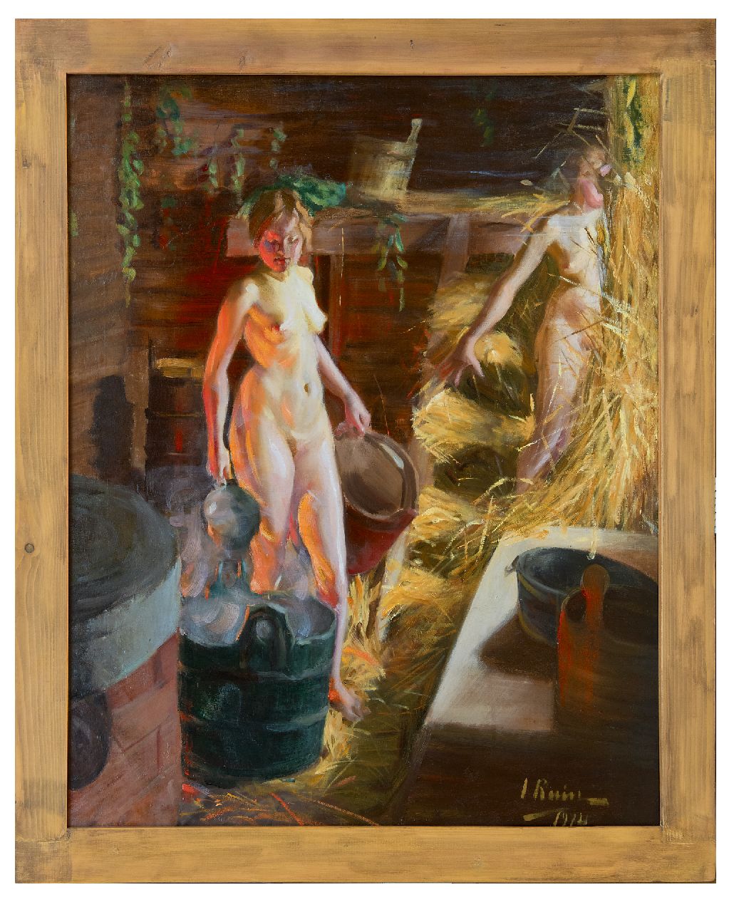 Ruin I.L.  | Ingrid Linnea Ruin | Schilderijen te koop aangeboden | Twee meisjes in de sauna, olieverf op doek 92,3 x 76,3 cm, gesigneerd rechtsonder en gedateerd 1914
