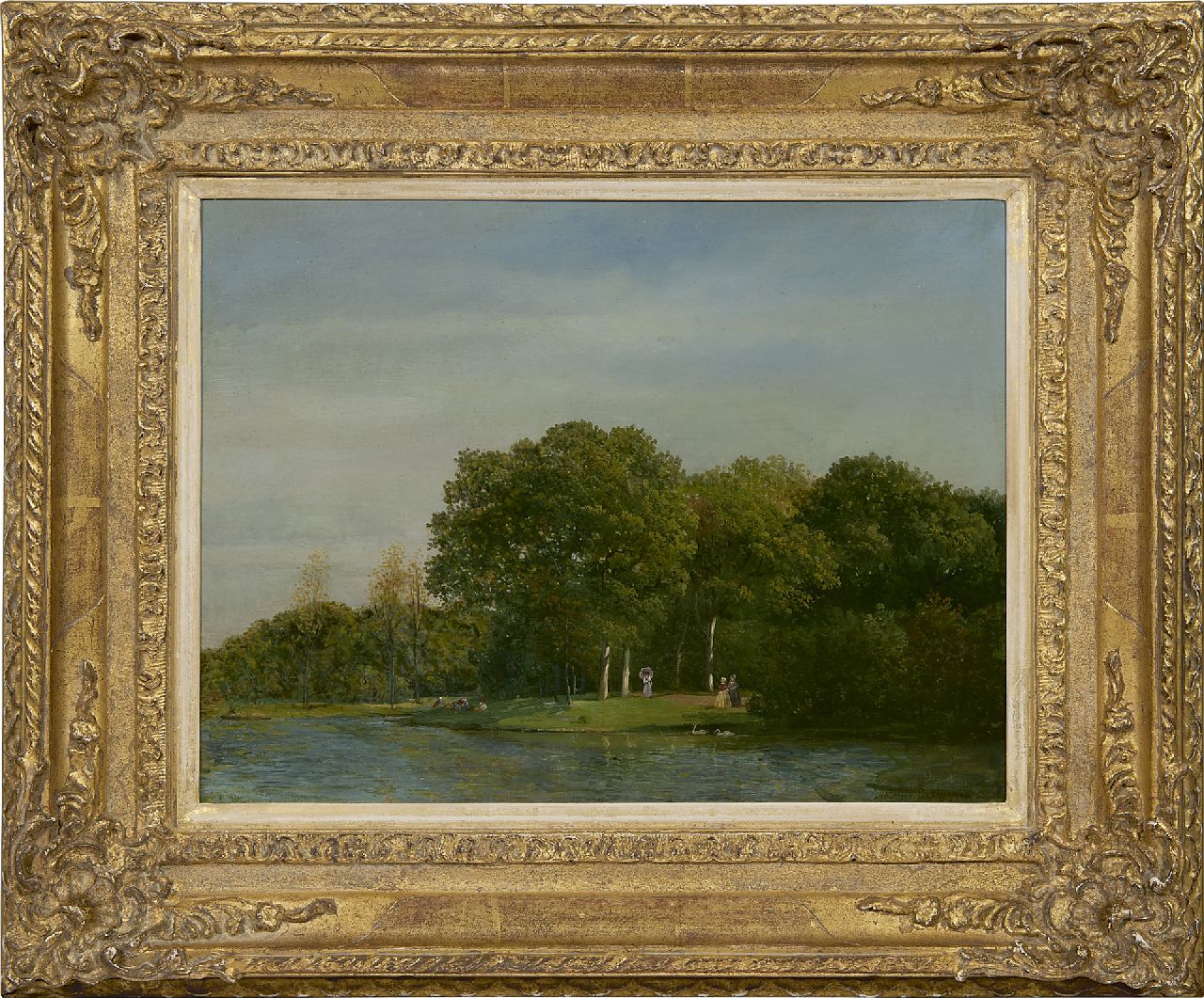 Sande Bakhuyzen J.J. van de | Julius Jacobus van de Sande Bakhuyzen | Schilderijen te koop aangeboden | Parklandschap met elegant gezelschap, olieverf op doek op paneel 26,7 x 35,0 cm, gesigneerd rechtsonder