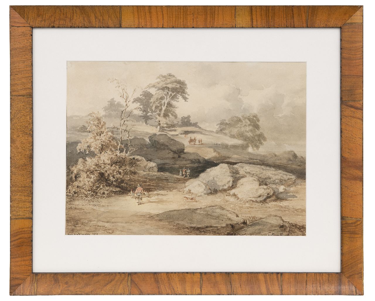 Kuytenbrouwer II M.A.  | Martinus Antonius Kuytenbrouwer II, Valkenjacht bij de rotsen van Cuvier Chatillon in het bos van Fontainebleau, bruine inkt, zwart krijt en aquarel op papier 24,6 x 34,0 cm, gesigneerd linksonder en gedateerd 1847
