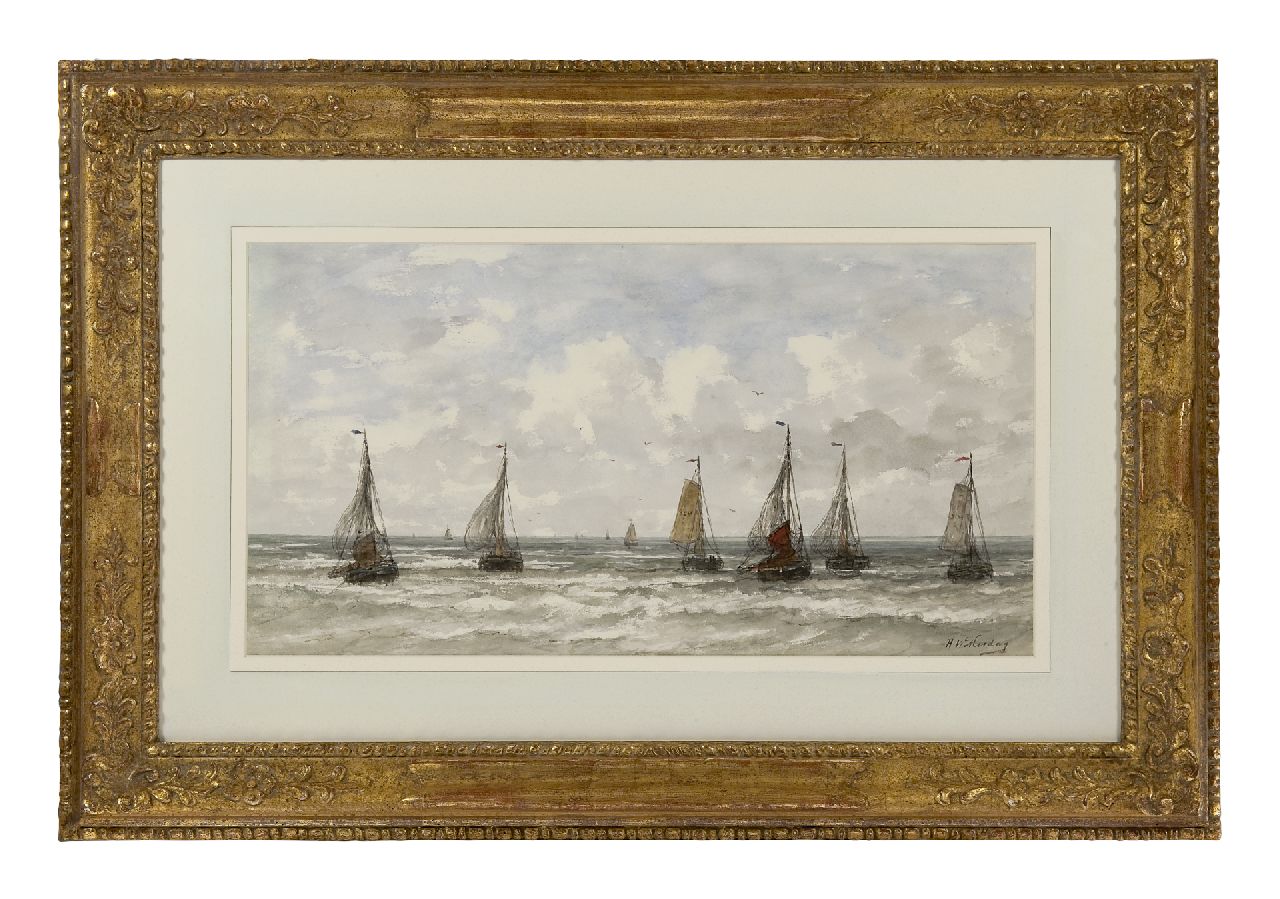 Mesdag H.W.  | Hendrik Willem Mesdag, Bomschuiten in de branding, aquarel en gouache op papier 34,7 x 65,7 cm, gesigneerd rechtsonder