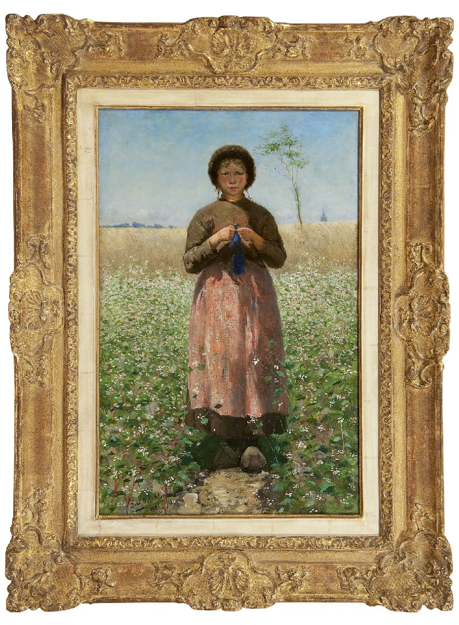 Mar D. de la | David de la Mar, Breiend meisje in bloeiende boekweitakker, olieverf op doek 54,2 x 35,0 cm, gesigneerd linksonder en gedateerd 1886