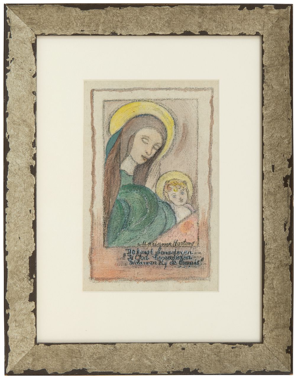Hartong M.A.E.  | Maria Anna Elisabeth ‘Marianne’ Hartong | Aquarellen en tekeningen te koop aangeboden | Madonna met kind, krijt en aquarel op papier 21,9 x 15,2 cm, gesigneerd rechtsonder