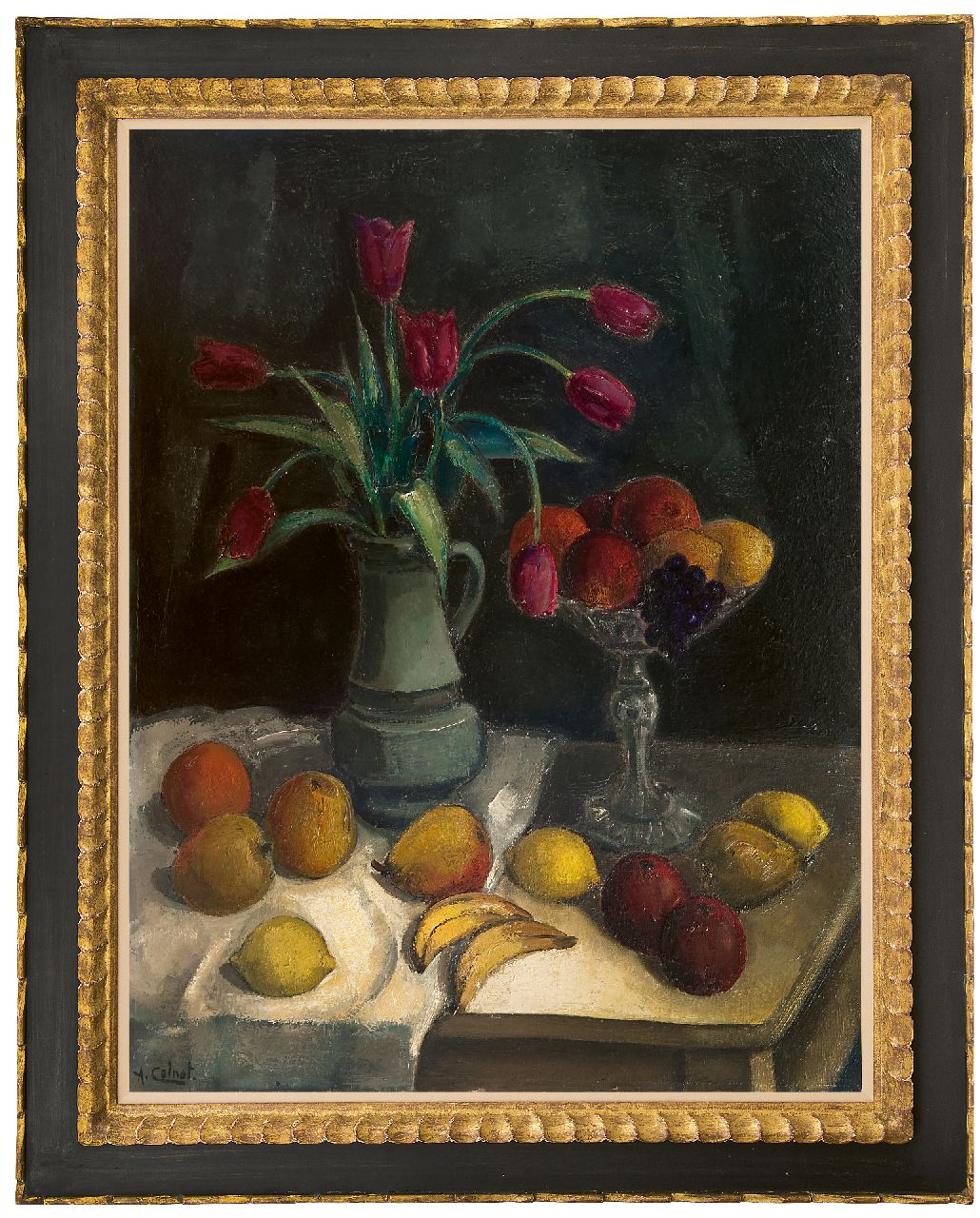 Colnot A.J.G.  | 'Arnout' Jacobus Gustaaf Colnot | Schilderijen te koop aangeboden | Stilleven met fruit en tulpen op een tafel, olieverf op doek 92,2 x 70,4 cm, gesigneerd linksonder