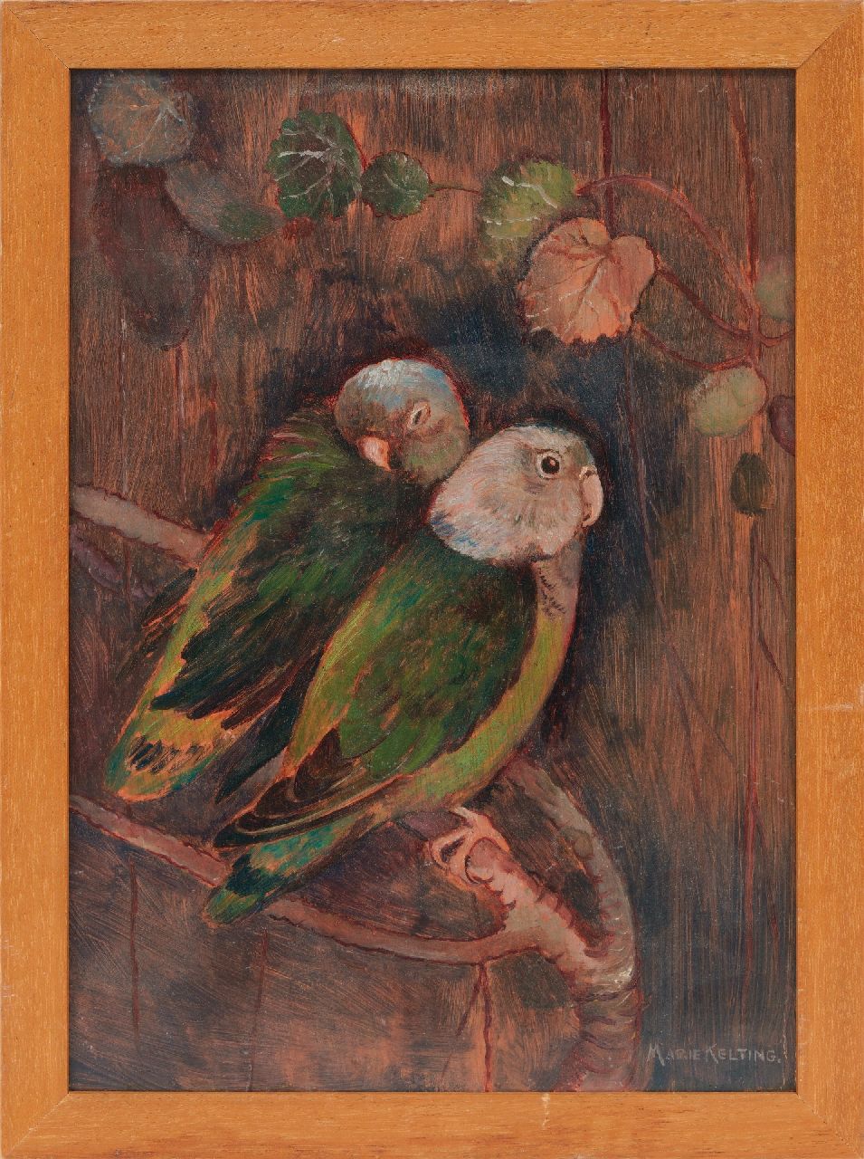 Kelting M.  | Maria 'Marie' Kelting, Twee groene parkieten, olieverf op board 23,1 x 16,6 cm, gesigneerd rechtsonder