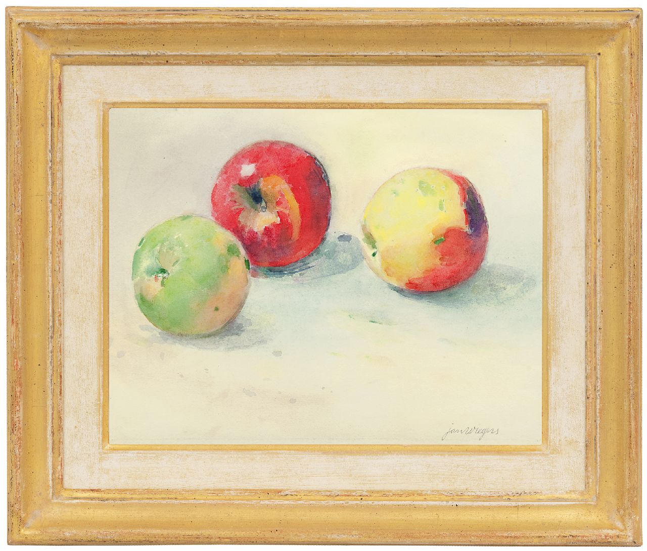 Wiegers J.  | Jan Wiegers, Stilleven met appels, aquarel op papier 21,8 x 27,5 cm, gesigneerd rechtsonder
