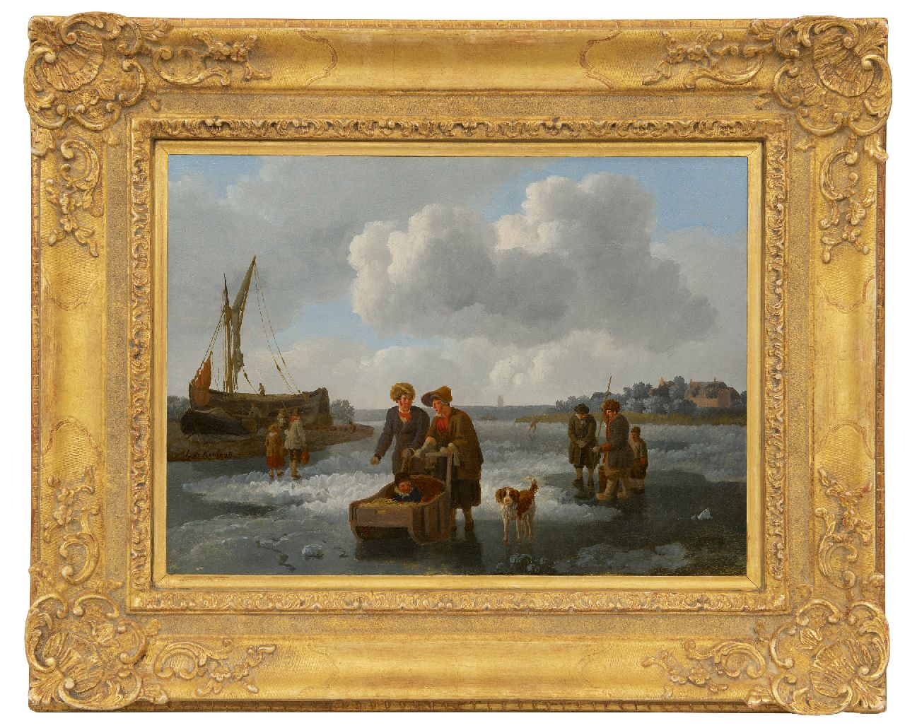 Koningh L. de | Leendert de Koningh | Schilderijen te koop aangeboden | IJsvissers en slede op een bevroren rivier, olieverf op paneel 30,1 x 42,0 cm, gesigneerd links van het midden