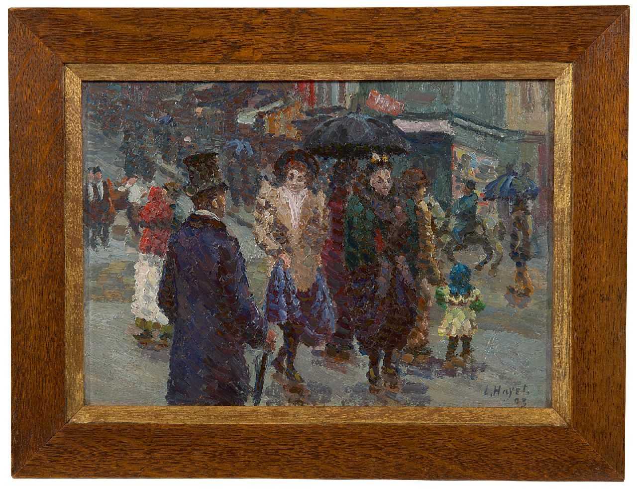 Hayet L.  | Louis Hayet | Schilderijen te koop aangeboden | Ontmoeting in de regen, olieverf op schildersboard 19,5 x 27,6 cm, gesigneerd rechtsonder en gedateerd '93
