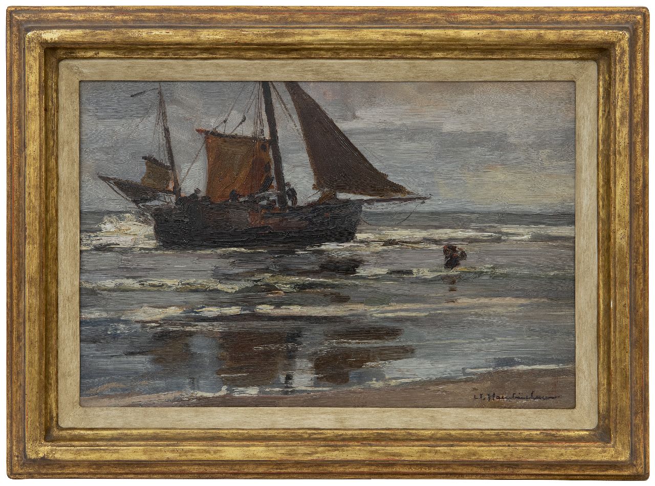 Hambüchen W.  | Wilhelm Hambüchen | Schilderijen te koop aangeboden | Het uitladen van de vangst, Katwijk, olieverf op paneel 27,9 x 42,2 cm, gesigneerd rechtsonder